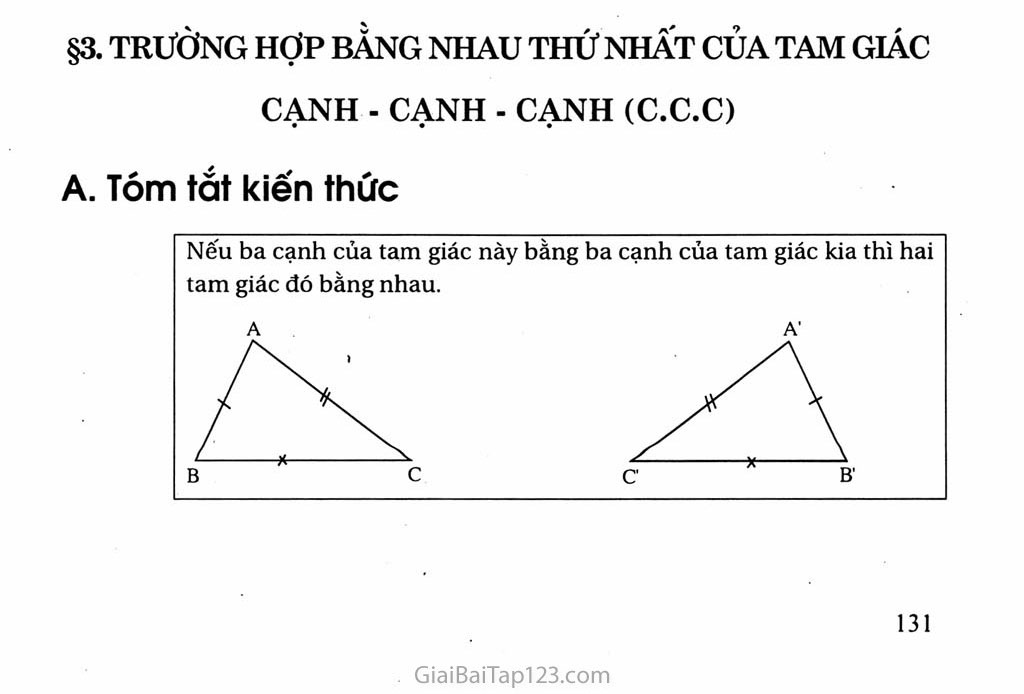 Bài 3. Trường hợp bằng nhau thứ nhất của tam giác: cạnh - cạnh - cạnh (c.c.c) trang 1