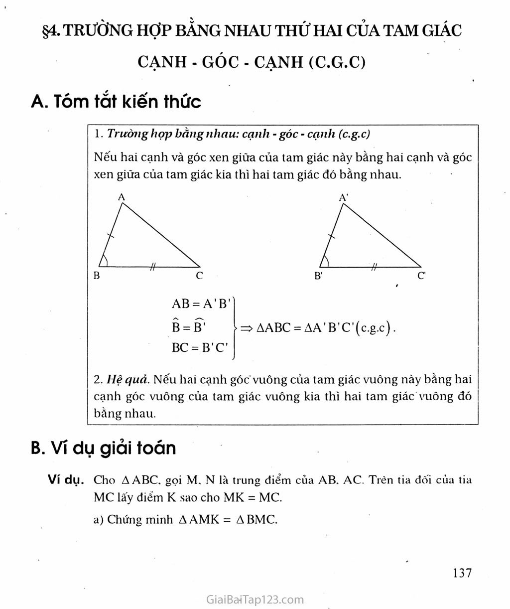 Bài 4. Trường hợp bằng nhau thứ hai của tam giác: cạnh - góc - cạnh (c.g.c) trang 1