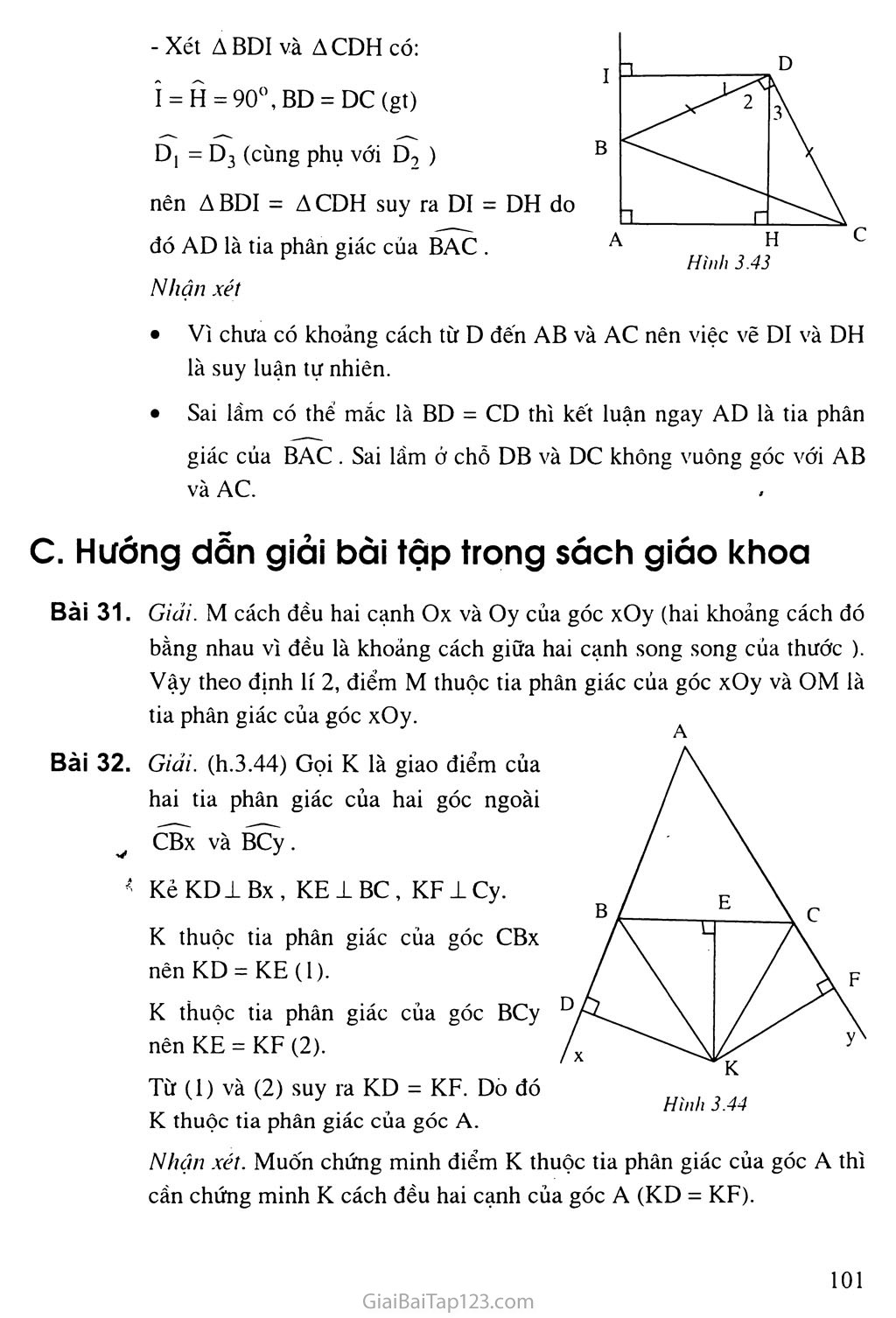 Giải toán 7 Bài 5. Tính chất tia phân giác của một góc