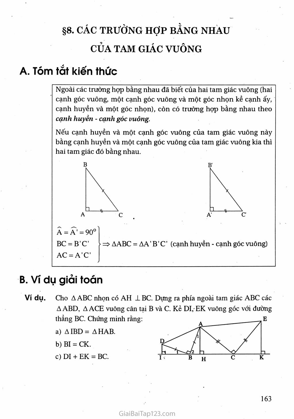 Bài 8. Các trường hợp bằng nhau của tam giác vuông trang 1