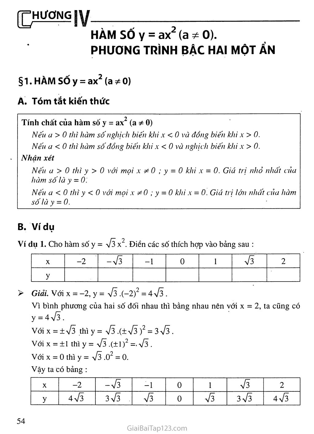 Bài 1. Hàm số y = ax2 (a ≠ 0) trang 1