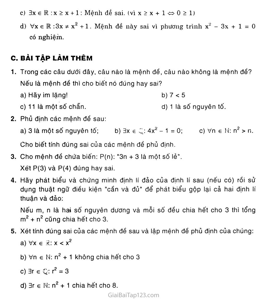 Giải toán 10 Bài 1 Mệnh đề