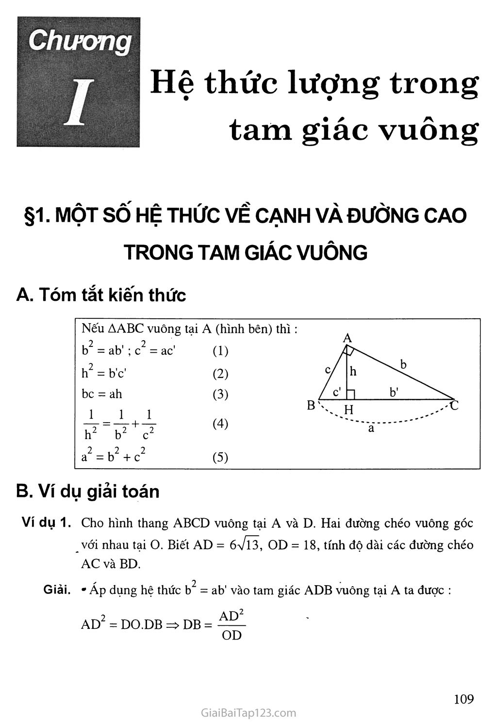 Bài 1. Một số hệ thức về cạnh và đường cao trong tam giác vuông trang 1