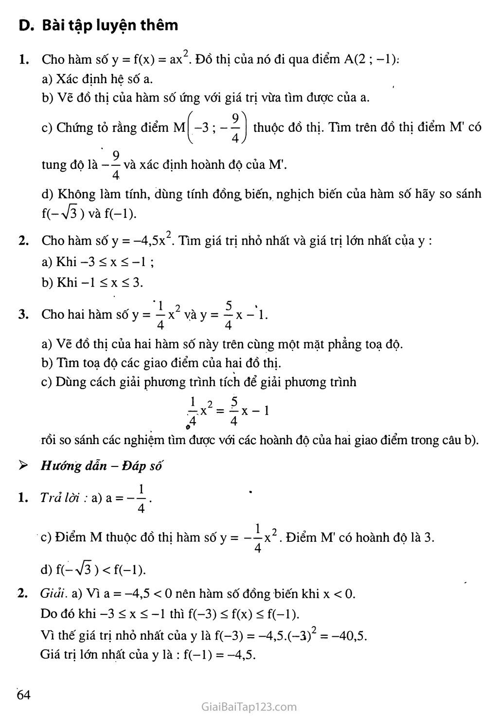 Bài 2. Đồ thị hàm số y = ax2 (a ≠ 0) trang 7