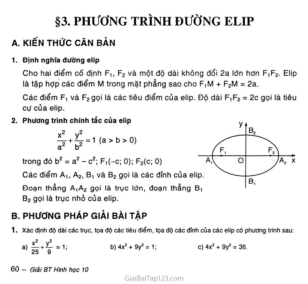 Giải toán 10 Bài 3. Phương trình đường elip