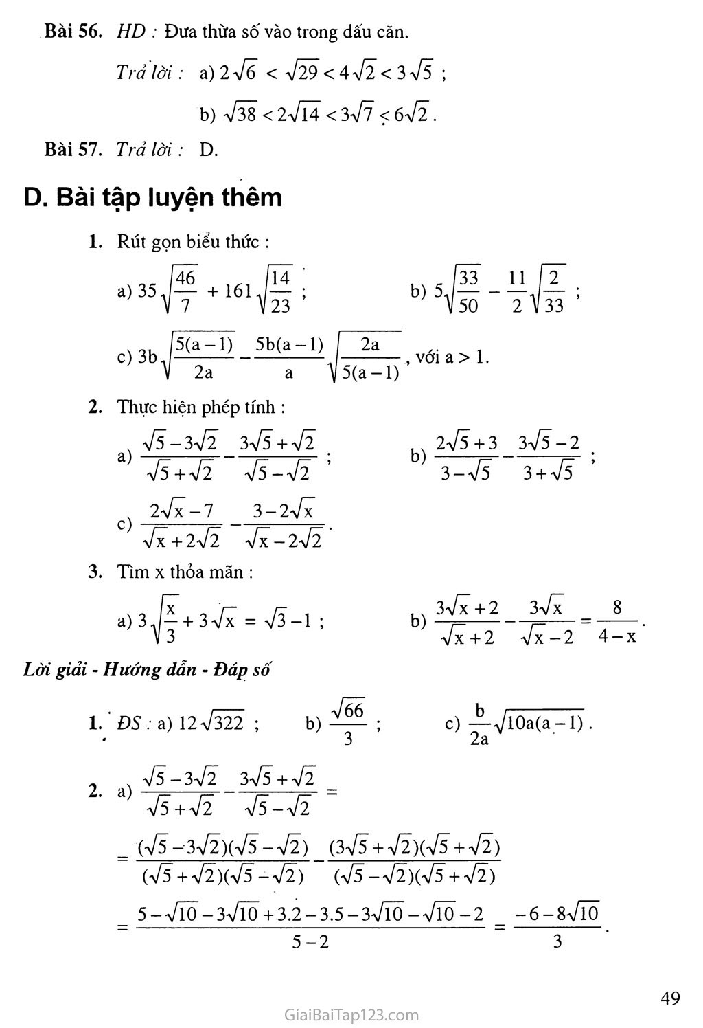 Bài 7. Biến đổi đơn giản biểu thức chứa căn thức bậc hai (tiếp theo) trang 8