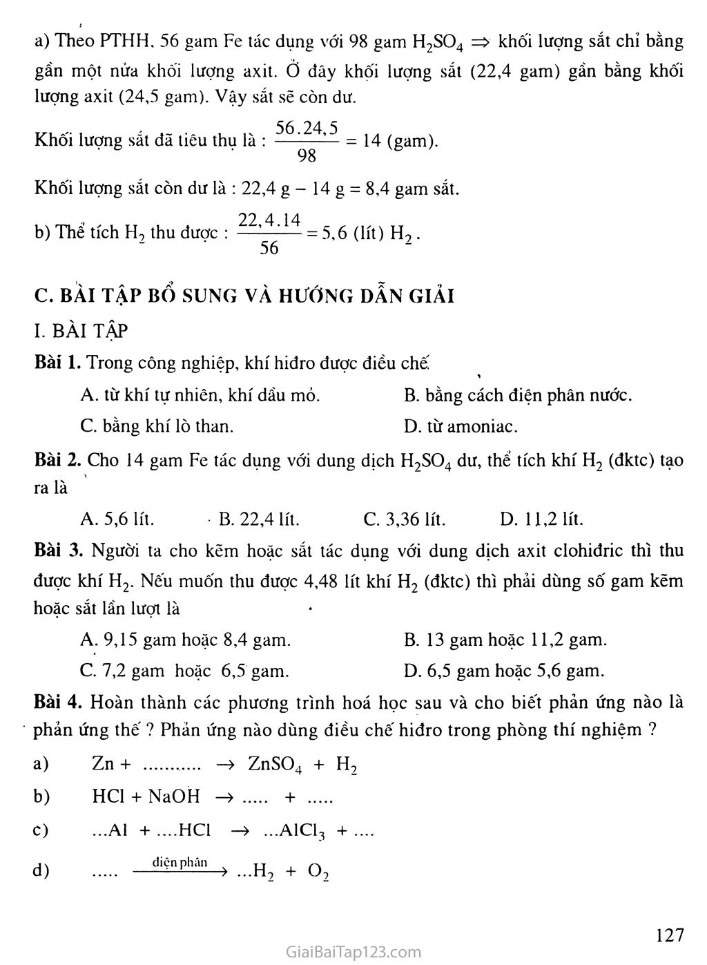 Bài 33: Điều chế khí hiđro - Phản ứng thế trang 2