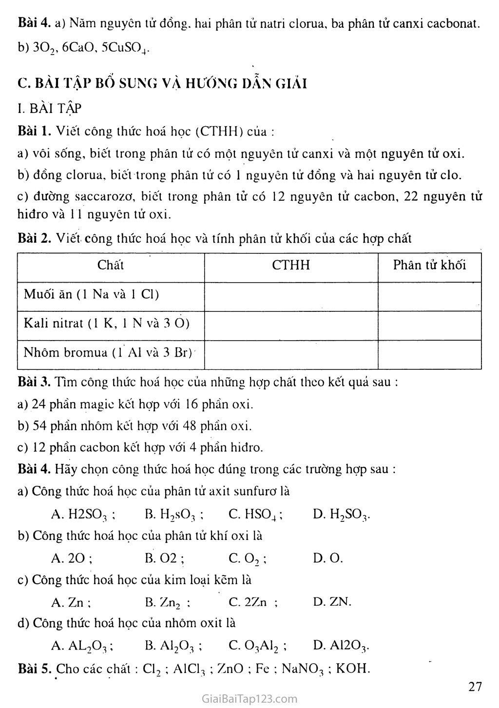 Bài 9: Công thức hóa học trang 2