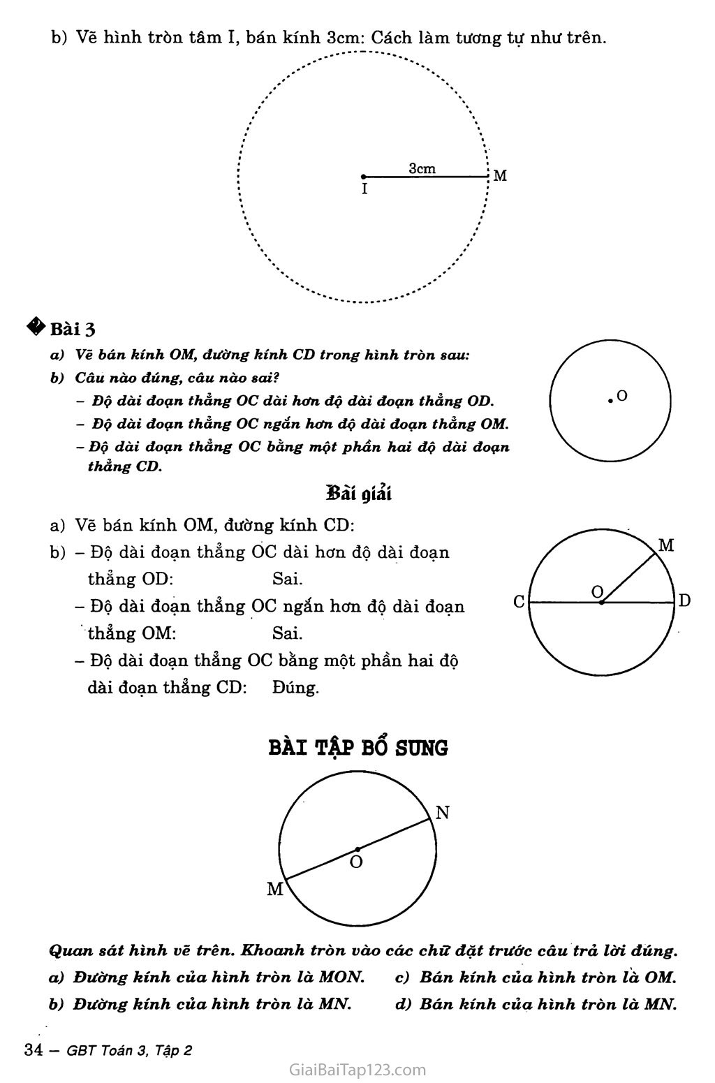 Giải toán lớp 3 Hình tròn, tâm, đường kính, bán kính