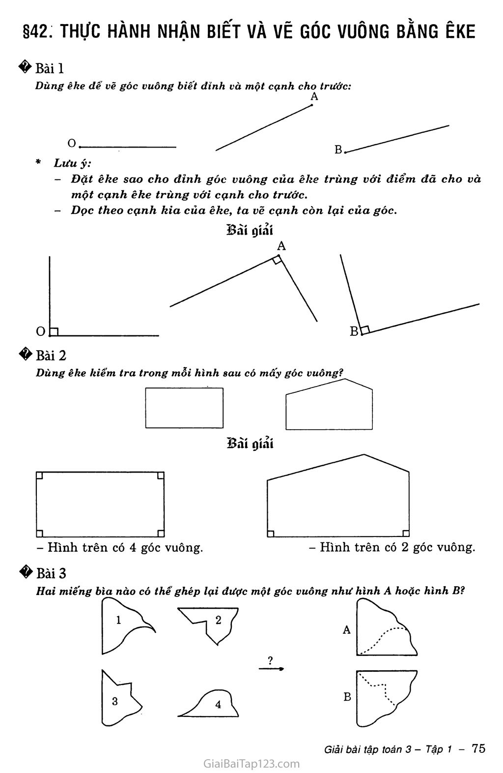 Giải toán lớp 3 Thực hành nhận biết và vẽ góc vuông bằng Êke
