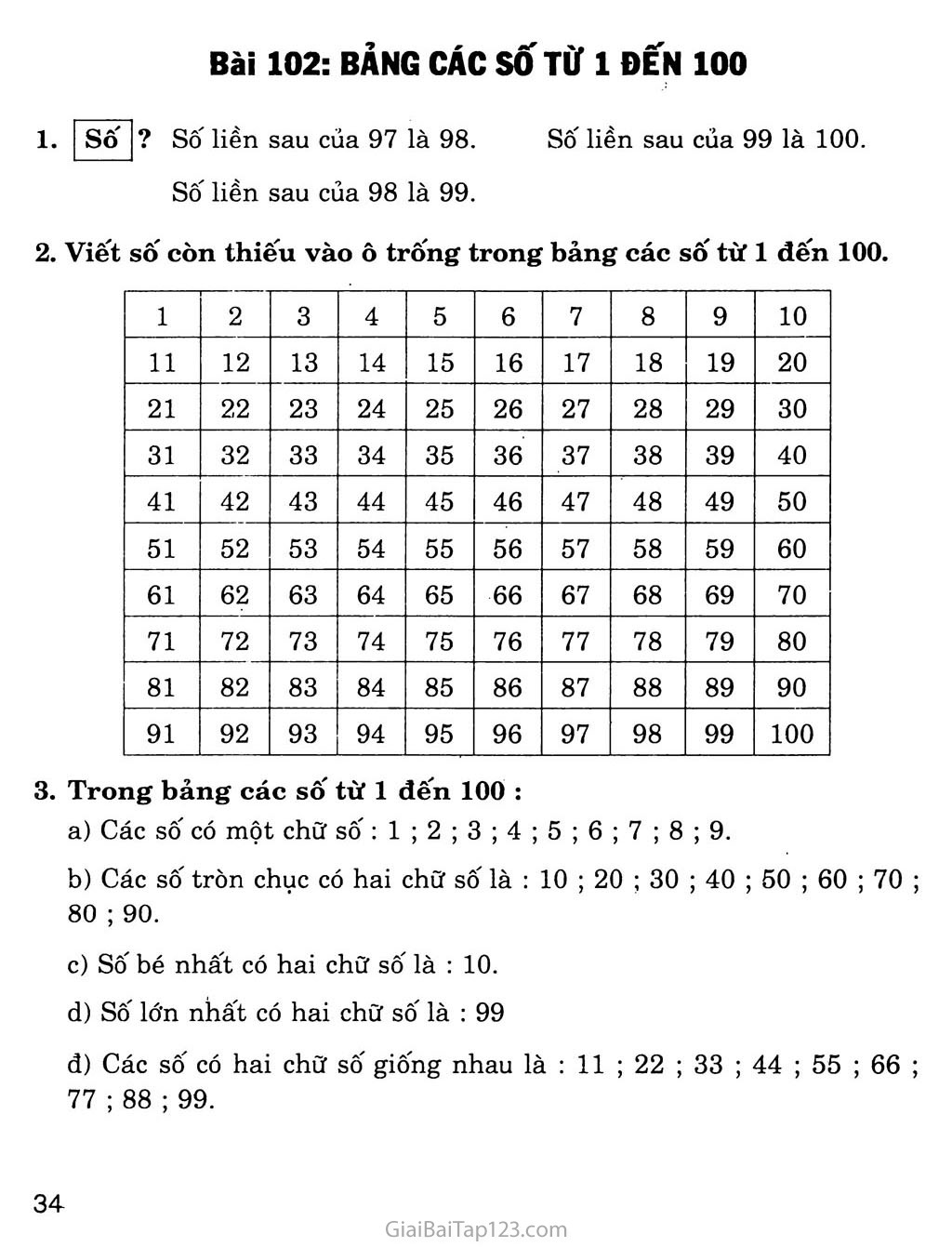 Bài 102: Bảng các số từ 1 đến 100 trang 1