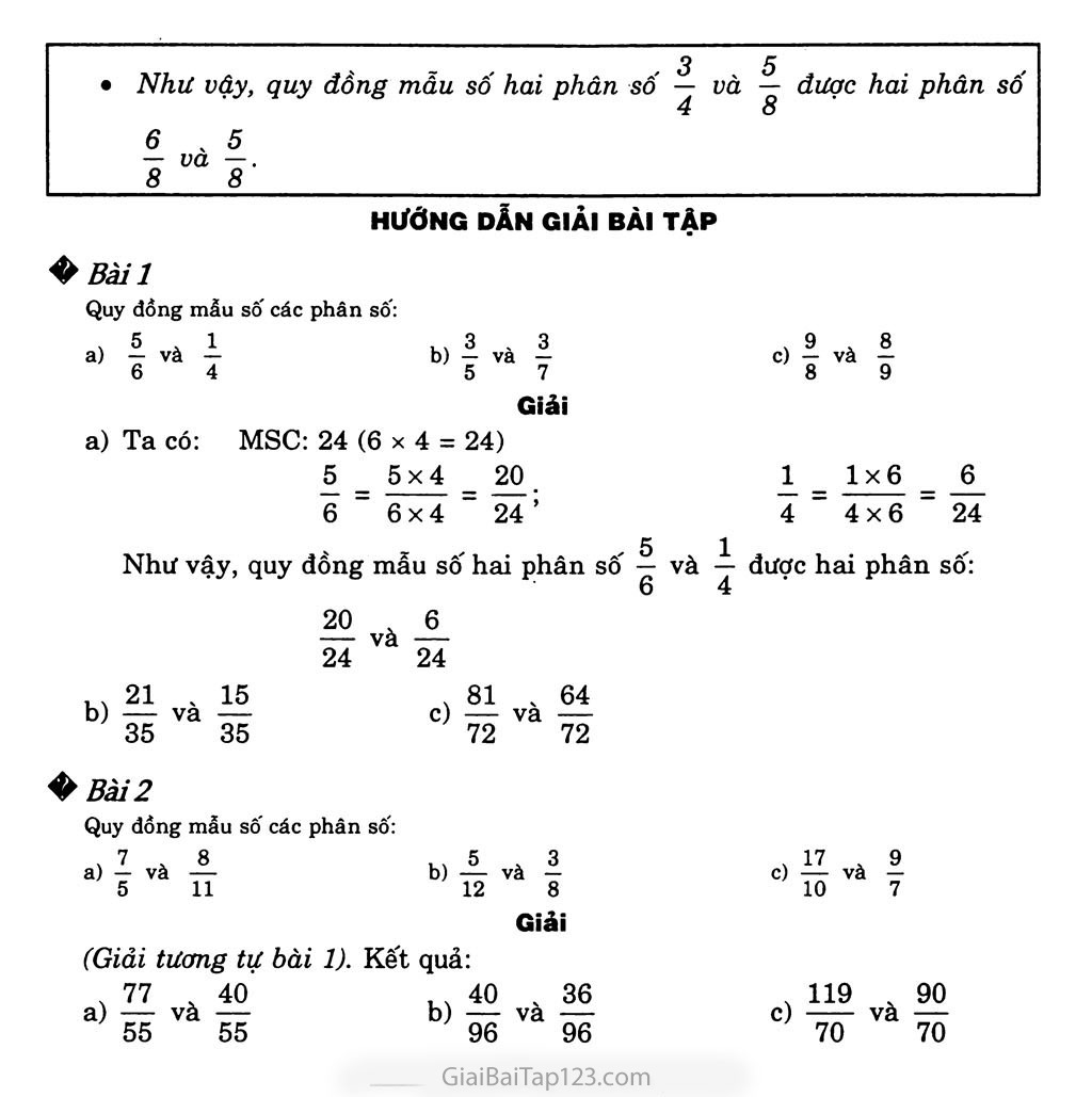 Giải toán lớp 4 Bài 103: Quy đồng mẫu số các phân số