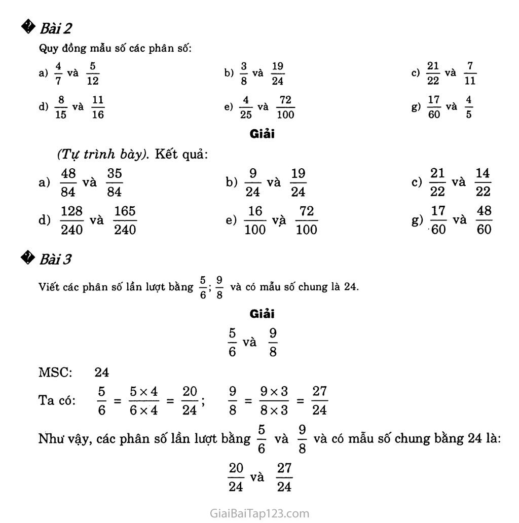 Giải toán lớp 4 Bài 104: Quy đồng mẫu số các phân số (tiếp theo)