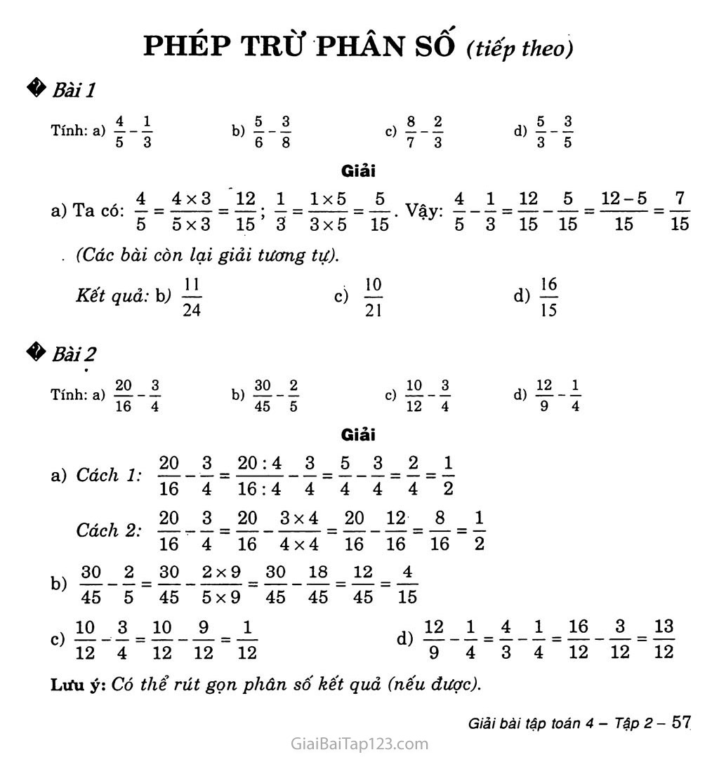 Bài 119: Phép trừ phân số (tiếp theo) trang 1