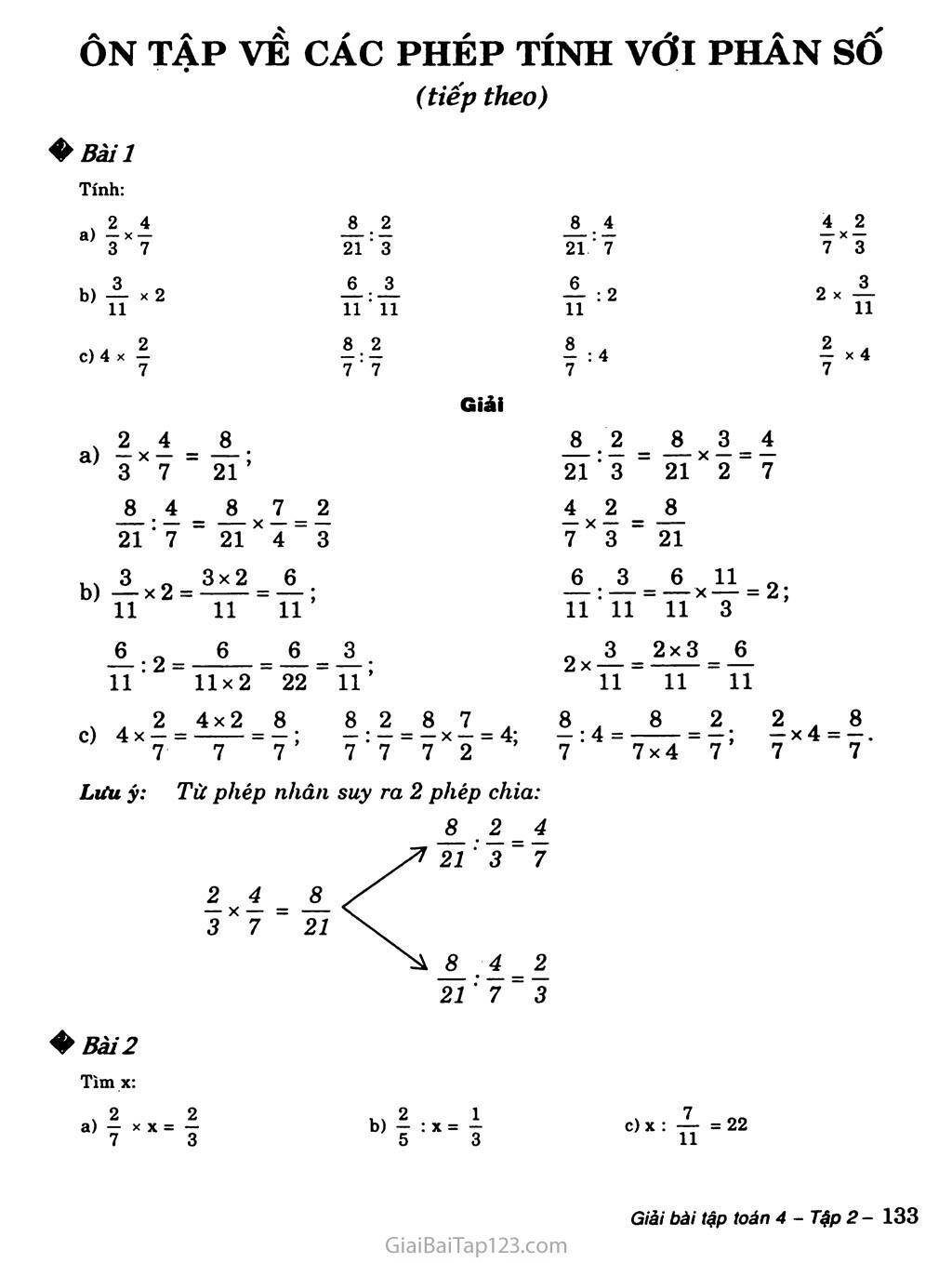 Giải toán lớp 4 Bài 161: Ôn tập về các phép tính với phân số (tiếp theo)