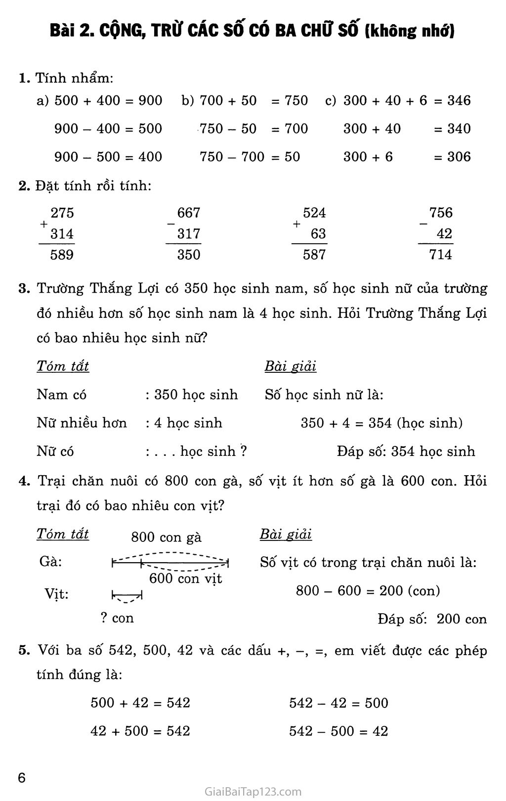 Bài 2: Cộng, trừ các số có ba chữ số (không nhớ) trang 1