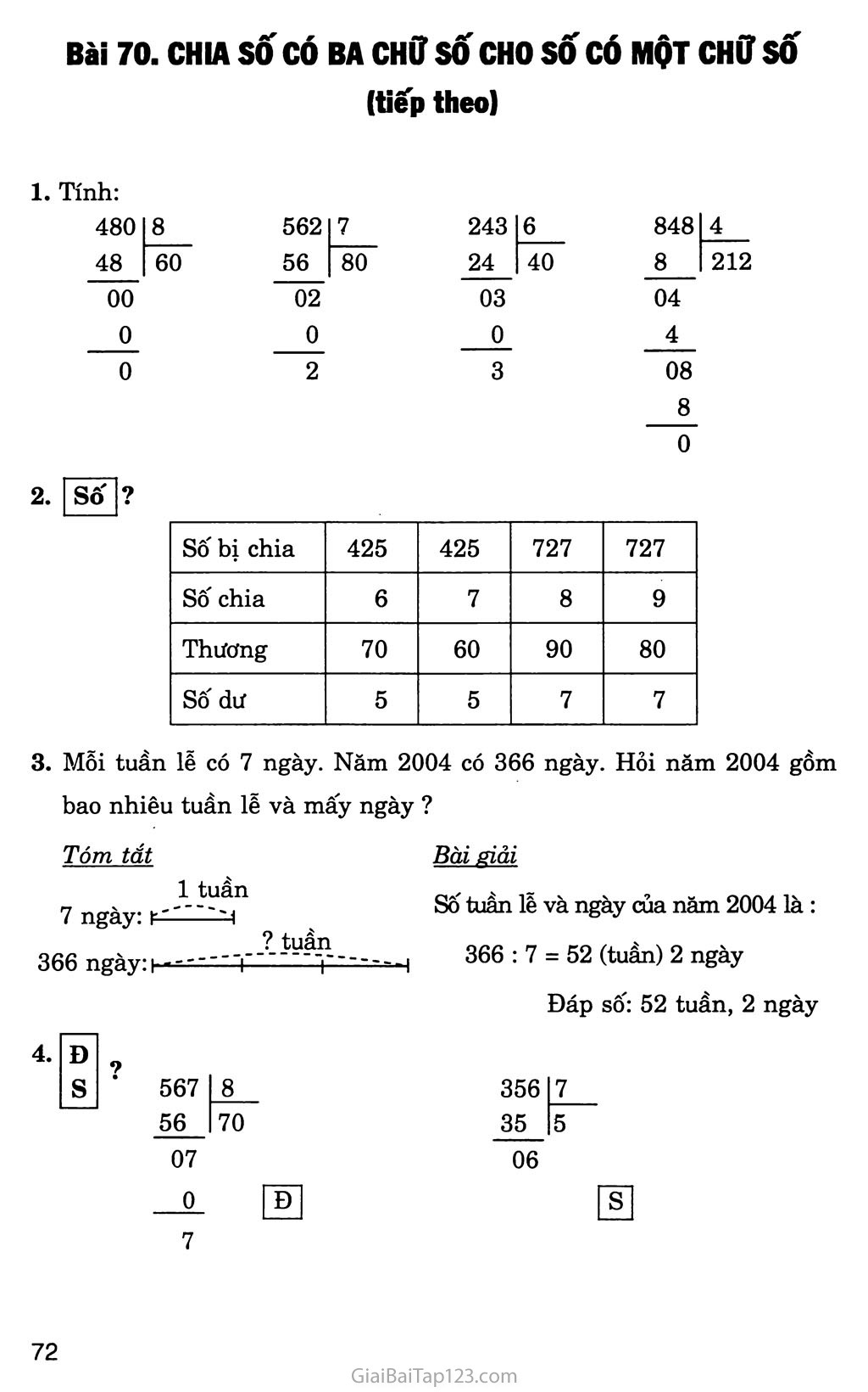 Bài 70: Chia số có ba chữ số cho số có một chữ số (tiếp theo) trang 1