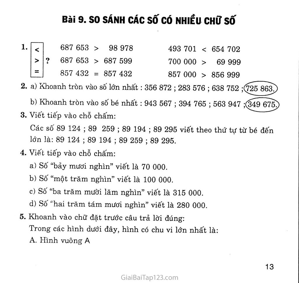 Bài 9: So sánh các số có nhiều chữ số trang 1
