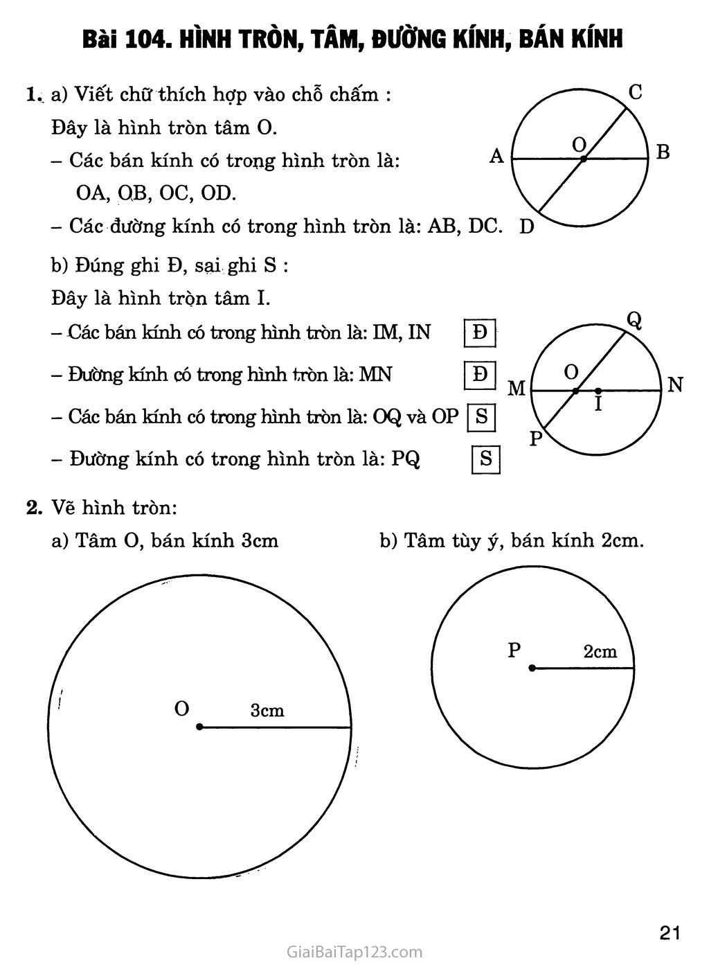 Bài 104: Hình tròn, tâm, đường kính, bán kính trang 1