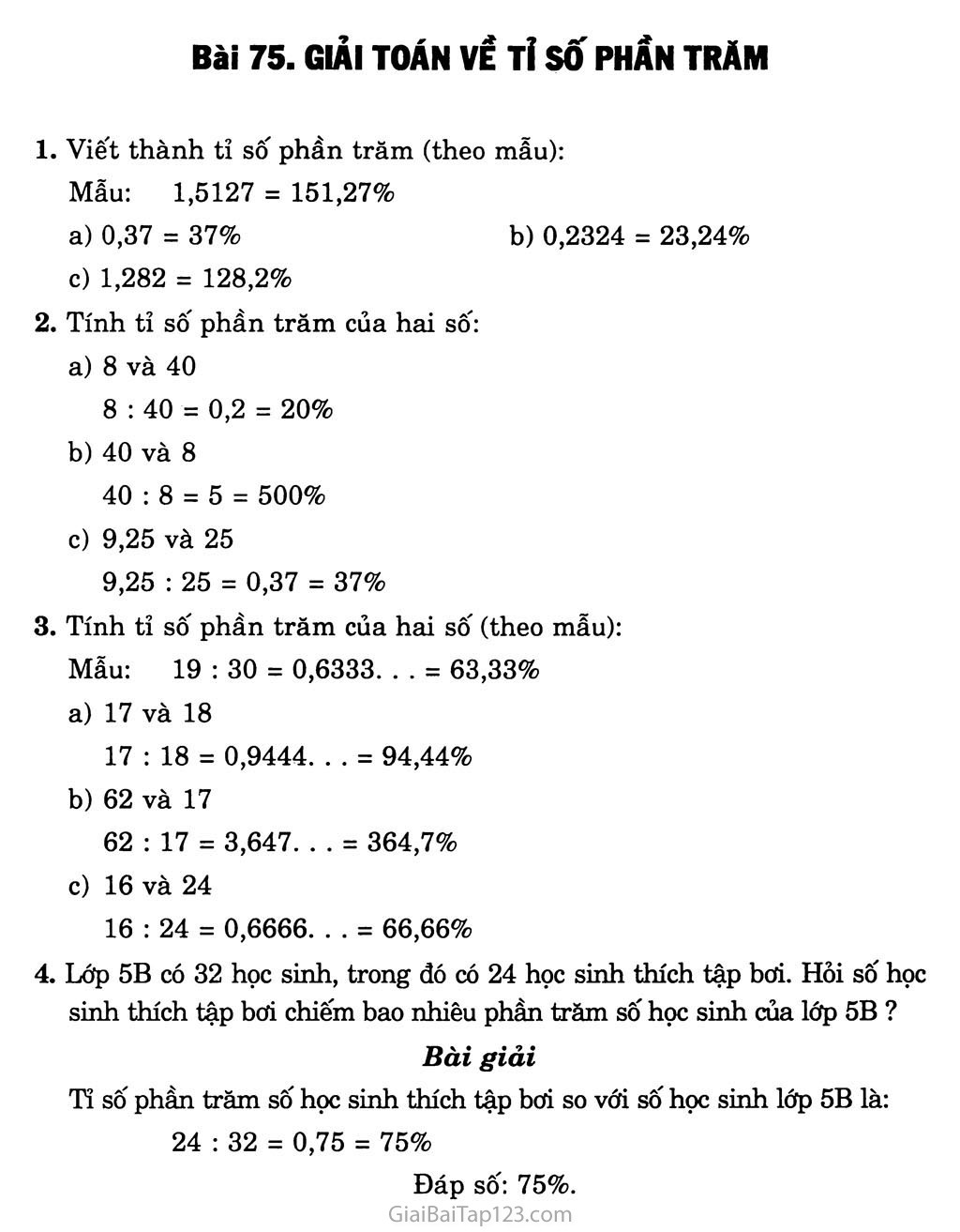 Bài 75: Giải toán về tỉ số phần trăm trang 1