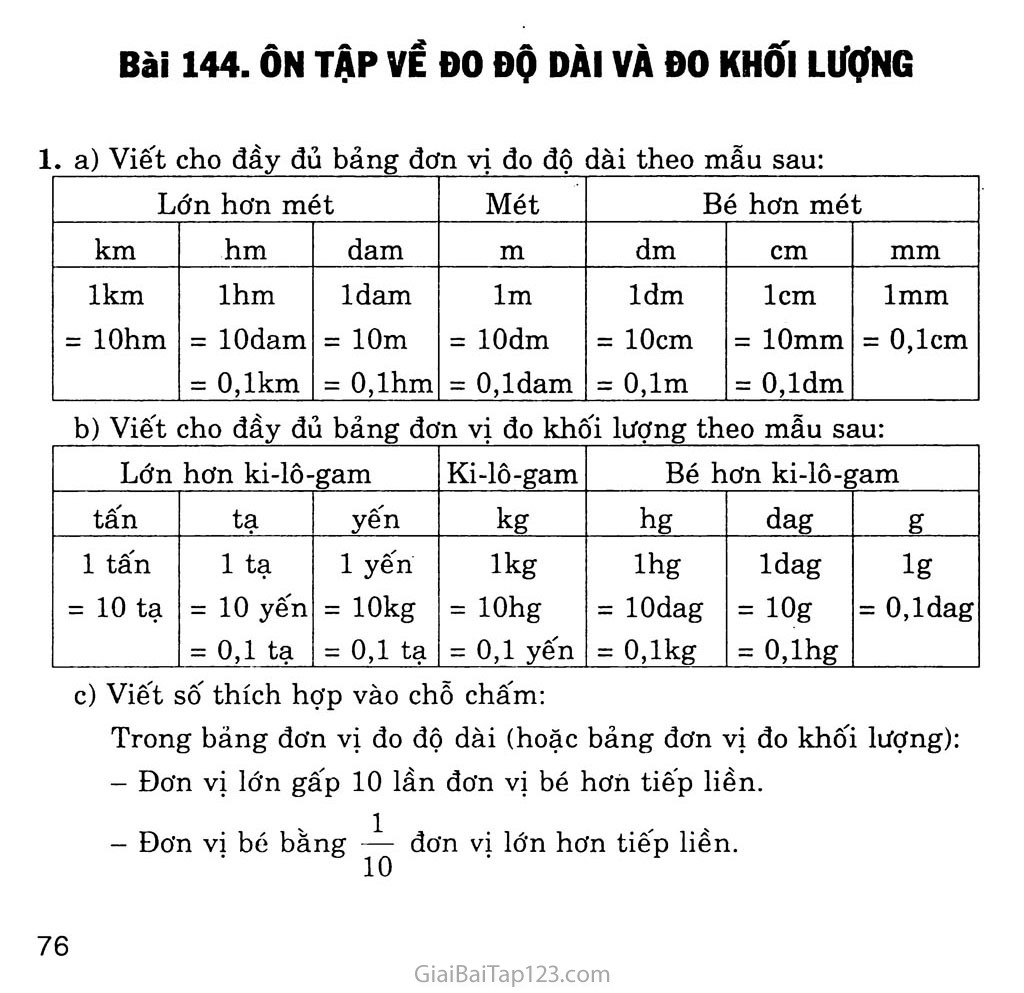 Bài 144: Ôn tập về đo độ dài và đo khối lượng trang 1