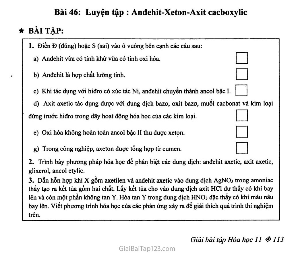 Bài 46: Luyện tập: Anđehit - Xeton - Axit cacboxylic trang 1