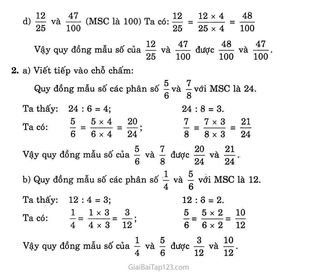 Bài 104: Quy đồng mẫu các phân số (tiếp theo) trang 2