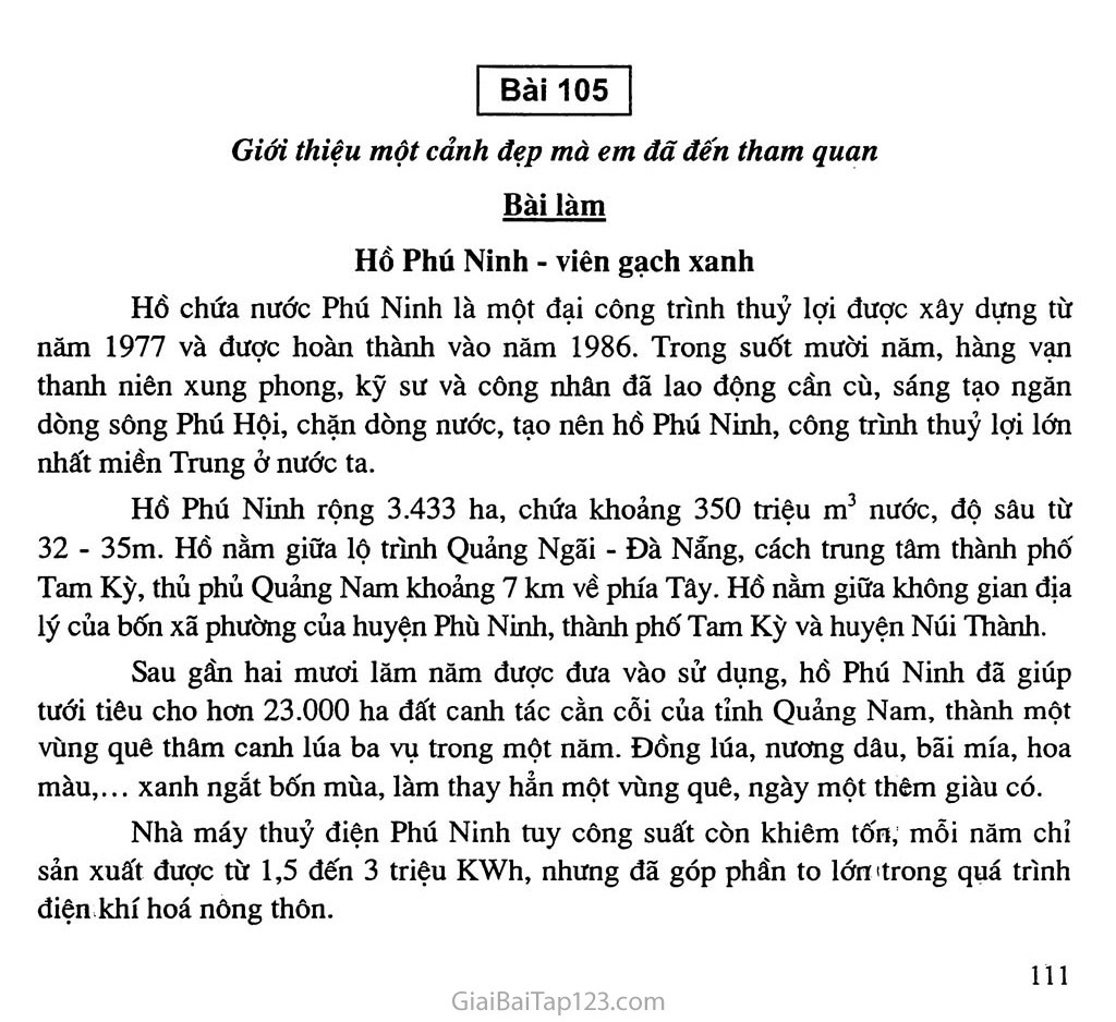 Bài 105: Giới thiệu một cảnh đẹp mà em đã đến tham quan: Hồ Phú Ninh - viên gạch xanh trang 1