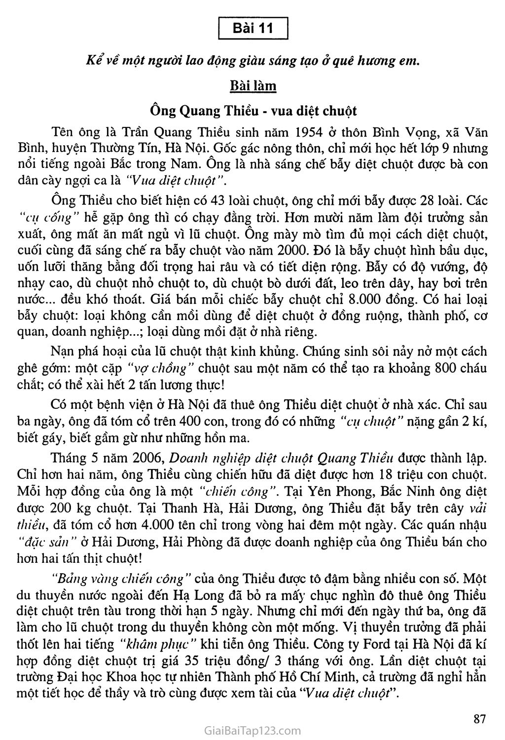 Bài 11: Kể về gương lao động giàu sáng tạo ở quê hương em: Ông Quang Thiều vua diệt chuột trang 1