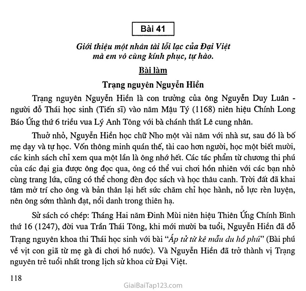 Bài 41: Giới thiệu một nhân tài lỗi lạc của Đại Việt mà em vô cùng kính phục, tự hào: Trạng nguyên Nguyễn Hiền trang 1