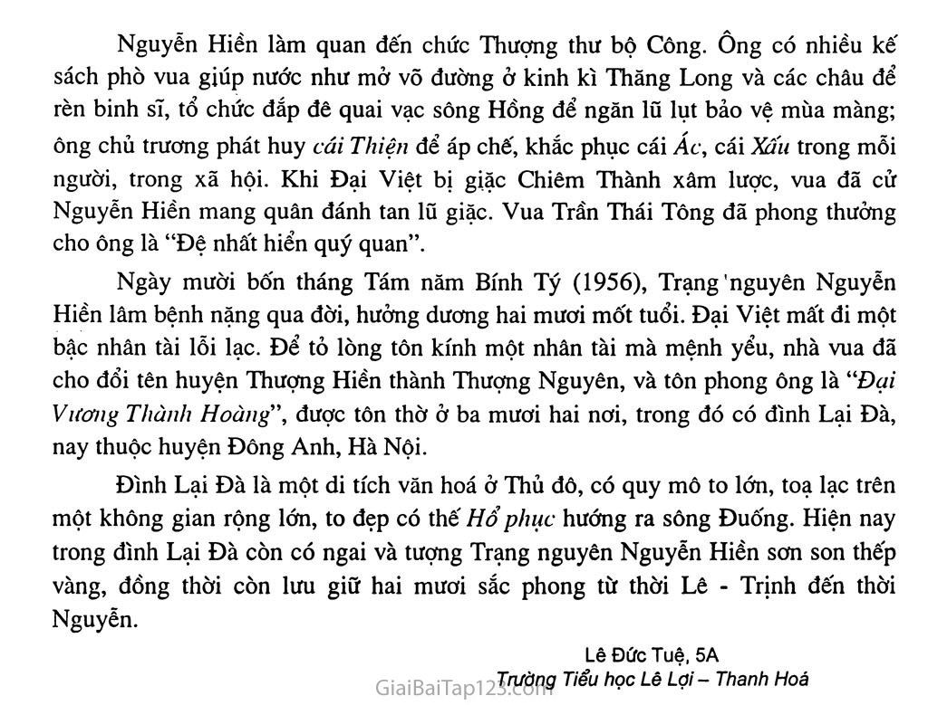 Bài 41: Giới thiệu một nhân tài lỗi lạc của Đại Việt mà em vô cùng kính phục, tự hào: Trạng nguyên Nguyễn Hiền trang 2