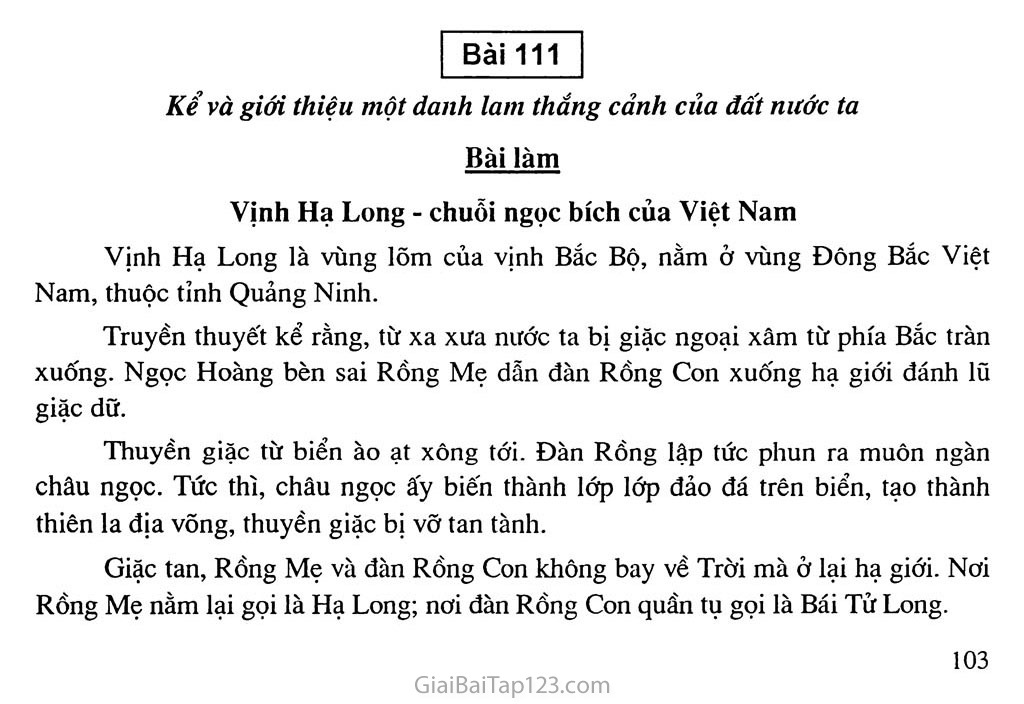 Bài 111: Kể và giới thiệu một danh lam thắng cảnh của đất nước ta: Vịnh Hạ Long - chuỗi ngọc bích của Việt Nam trang 1