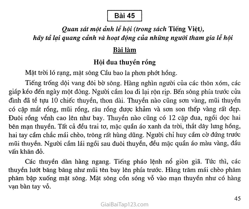 Bài 45: Quan sát một ảnh lễ hội (trong sách Tiếng Việt), hãy tả lại quang cảnh và hoạt động của những người tham gia lễ hội trang 1