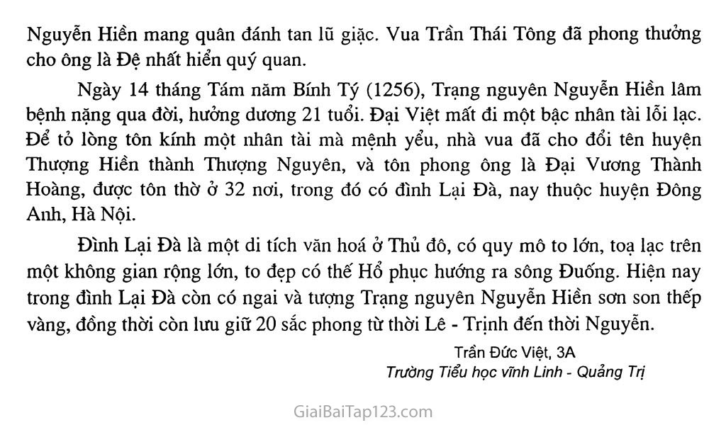 Bài 86: Giới thiệu và kể về một nhân vật lỗi lạc, tiêu biểu cho nền văn hóa Đại Việt: Trạng nguyên Nguyễn Hiền trang 2 Bài 86: Giới thiệu và kể về một nhân vật lỗi lạc, tiêu biểu cho nền văn hóa Đại Việt: Trạng nguyên Nguyễn Hiền trang 2