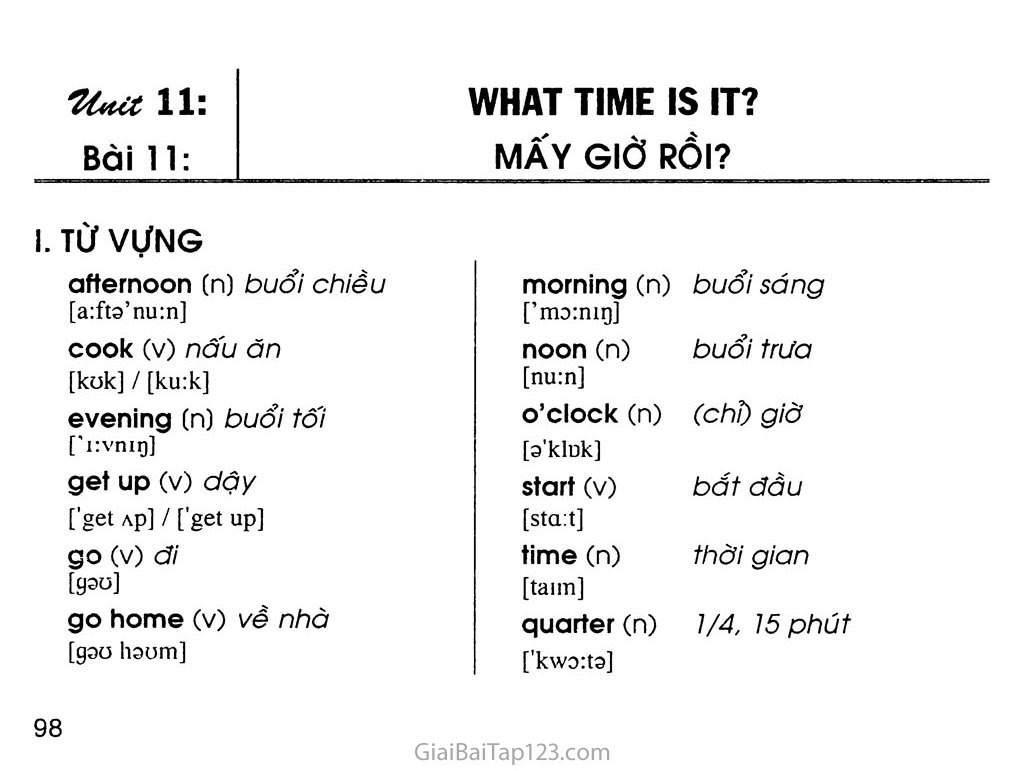UNIT 11: WHAT TIME IS IT? trang 1
