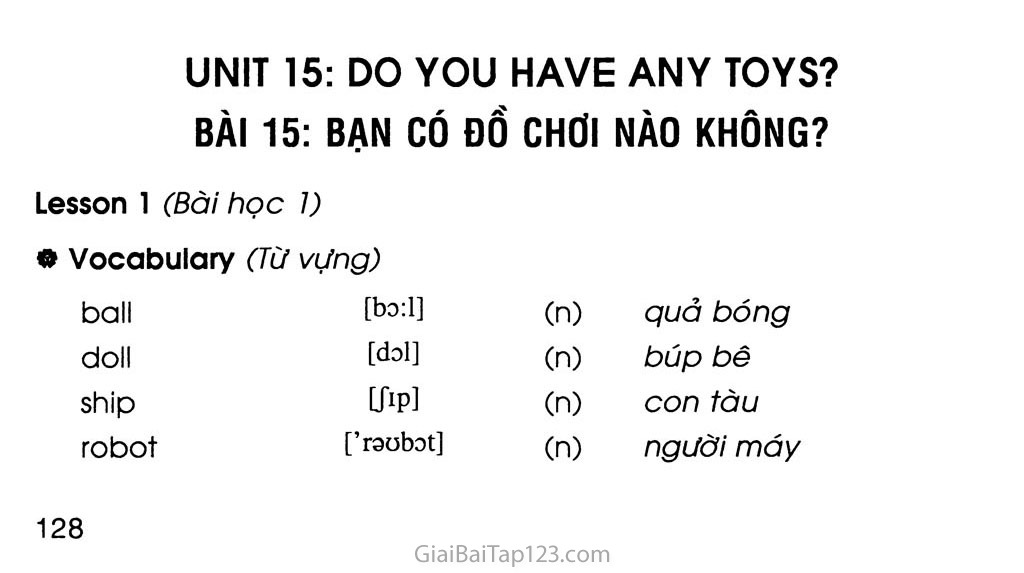 UNIT 15: DO YOU HAVE ANY TOYS? trang 1