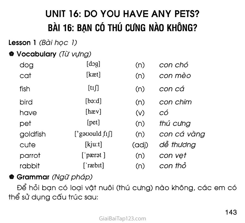 UNIT 16: DO YOU HAVE ANY PETS? trang 1