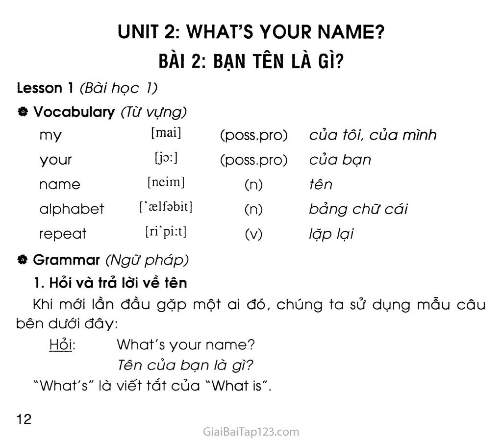 UNIT 2: WHAT’S YOUR NAME? trang 1