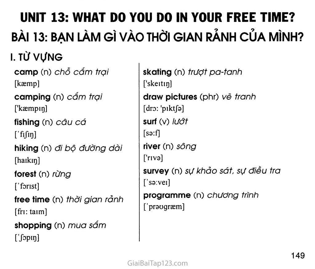 UNIT 13: WHAT DO YOU DO IN YOUR FREE TIME? trang 1