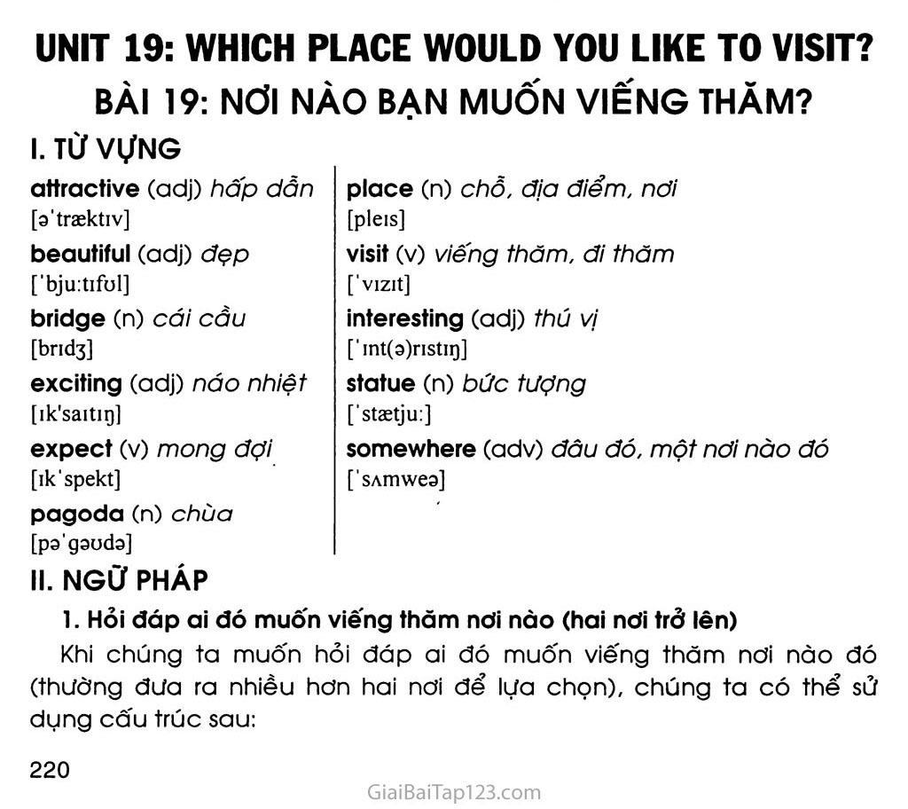UNIT 19: WHICH PLACE WOULD YOU LIKE TO VISIT? trang 1