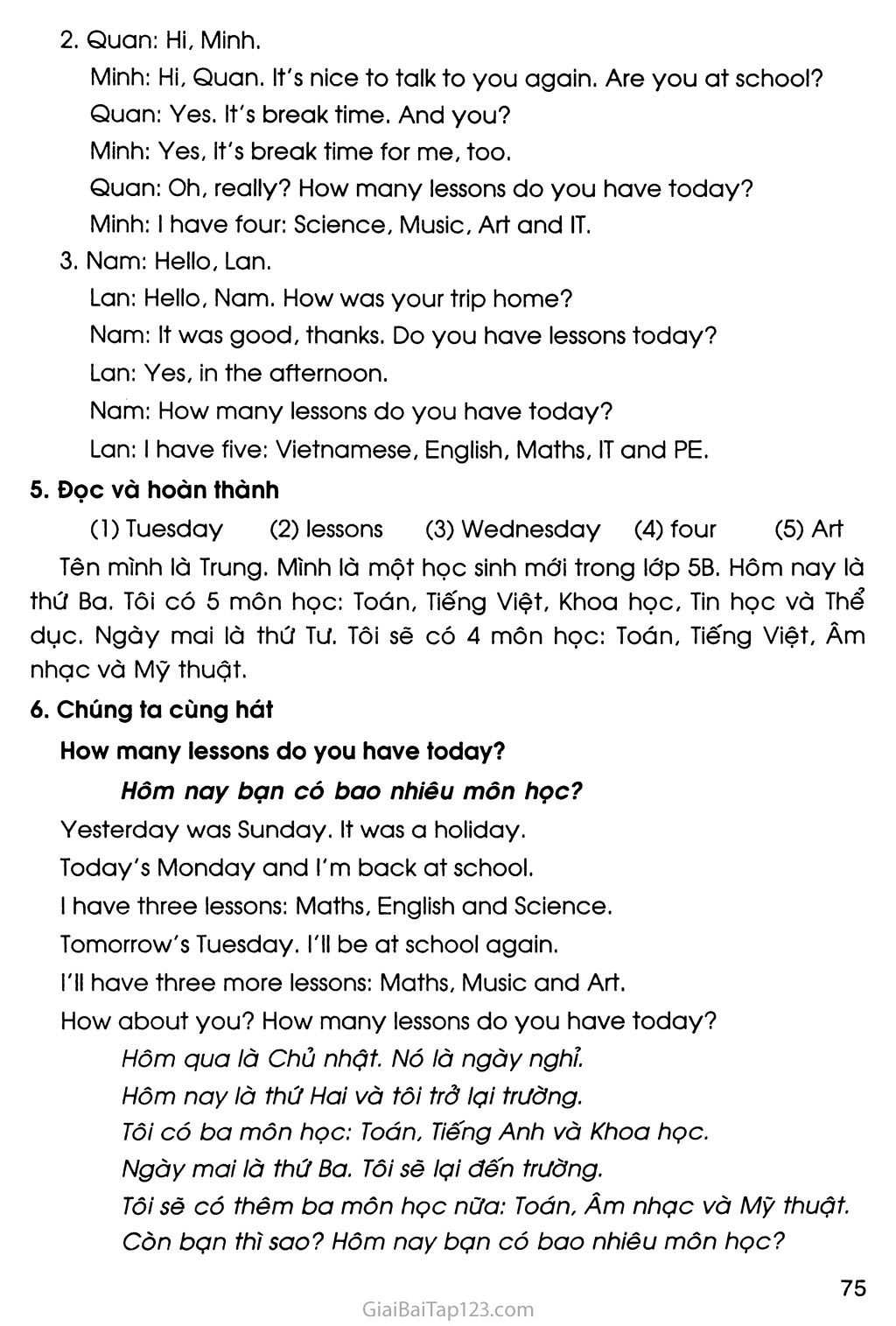UNIT 6: HOW MANY LESSONS DO YOU HAVE TODAY? trang 7