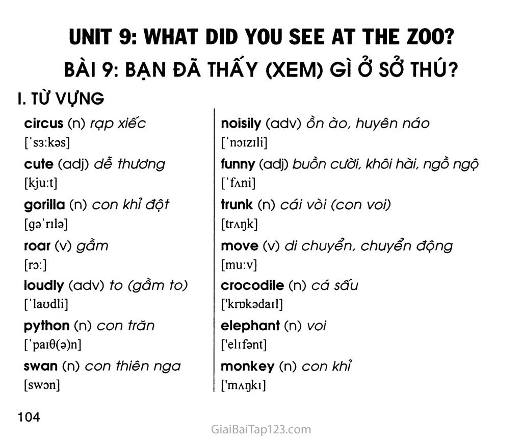 UNIT 9: WHAT DID YOU SEE AT THE ZOO? trang 1