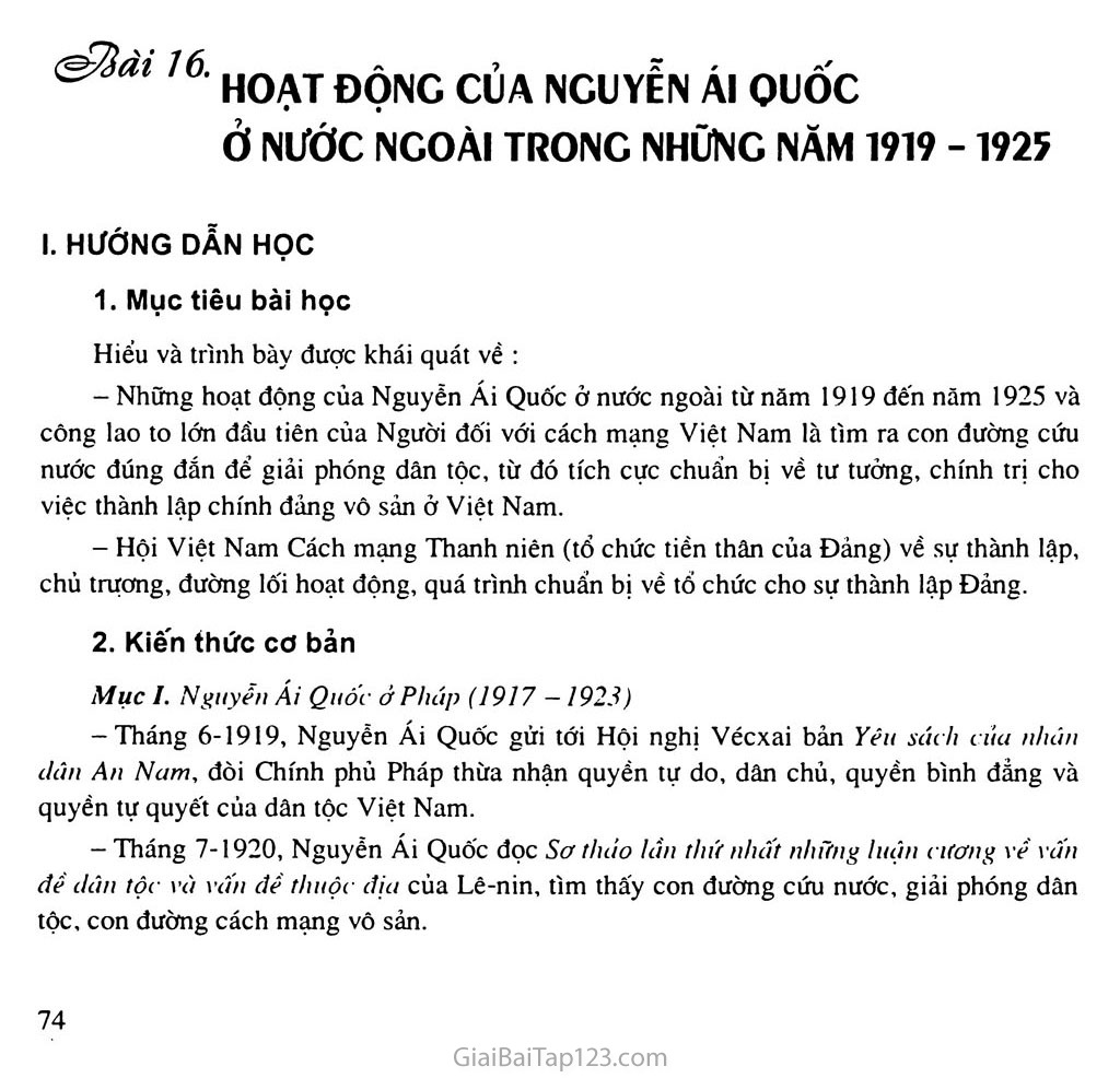 Bài 16: Hoạt động của Nguyễn Ái Quốc ở nước ngoài trong những năm 1919 - 1925 trang 1