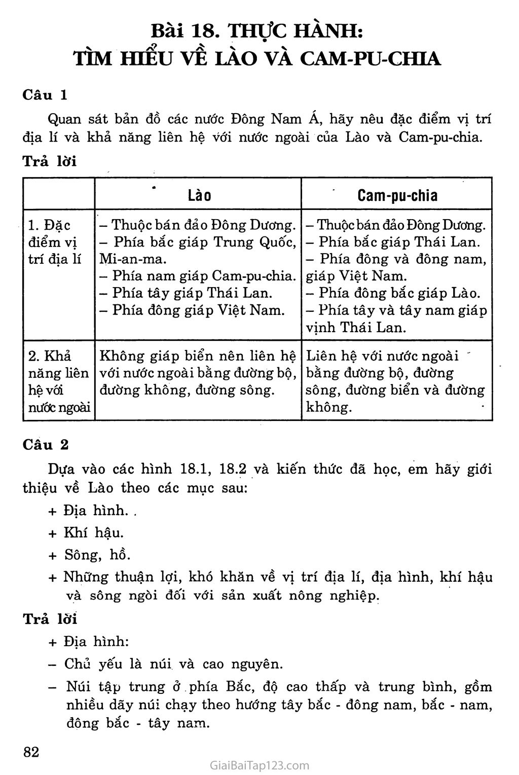 Giải Địa Lý Lớp 8 Bài 18: Thực Hành: Tìm Hiểu Lào Và Cam-Pu-Chia