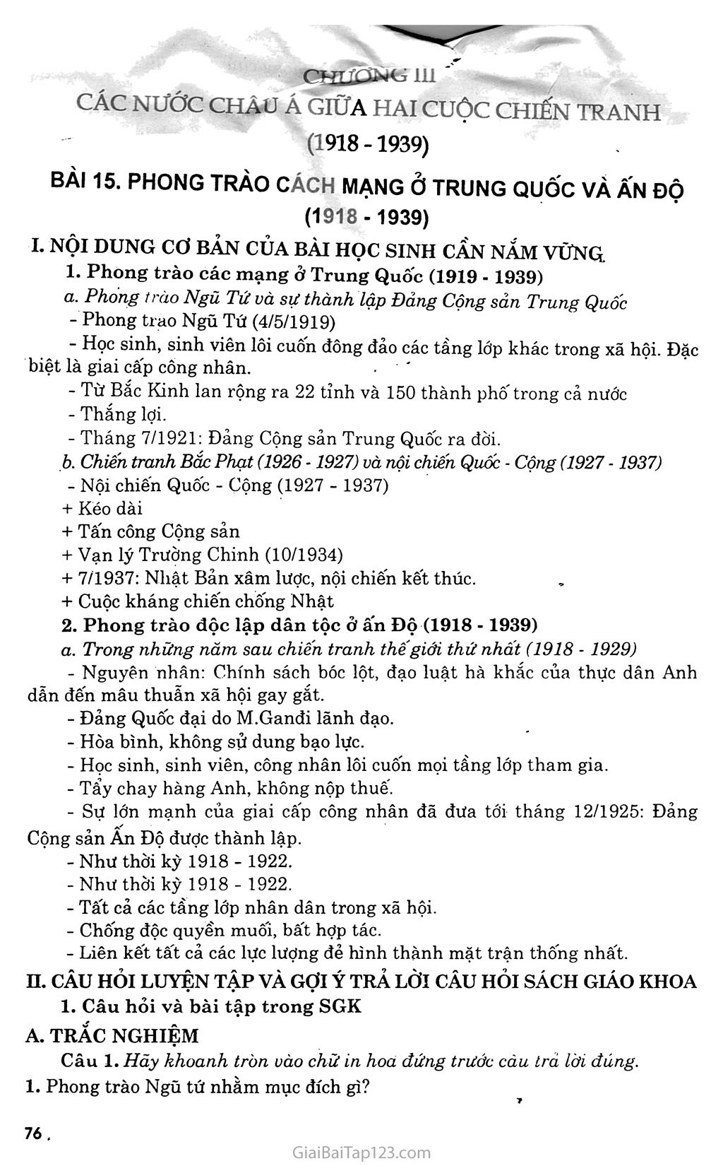 Bài 15: Phong trào cách mạng ở Trung Quốc và Ấn Độ (1918 - 1939) trang 1