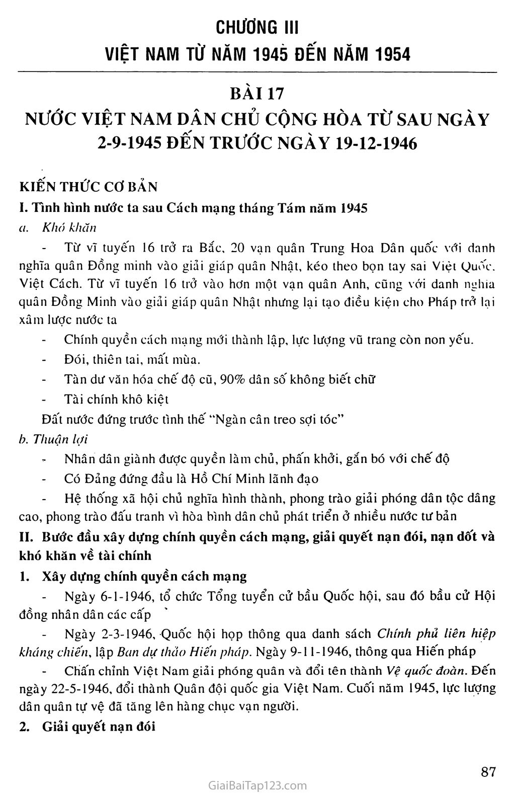 Bài 17: Nước Việt Nam Dân chủ Cộng hòa từ sau ngày  2 - 9 - 1945 đến trước ngày 19 - 2 -1946 trang 1
