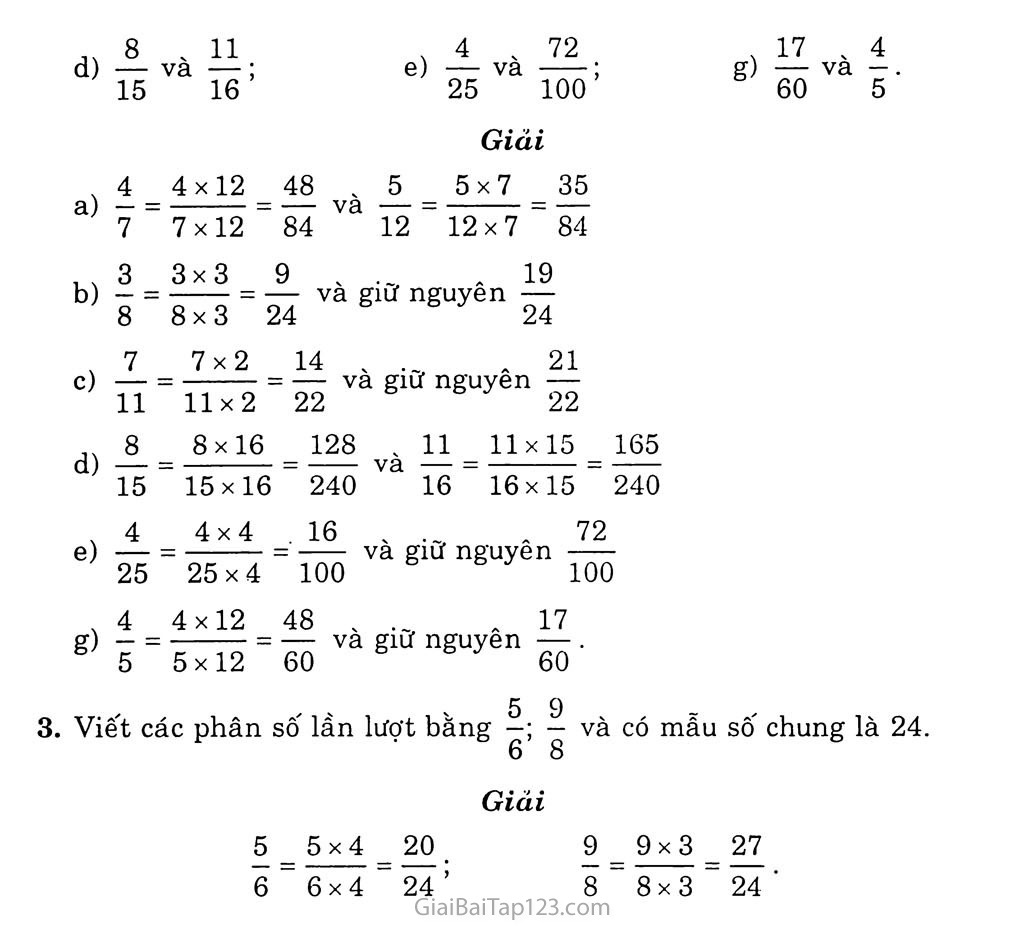 Giải bài tập Toán lớp 4: Qui đồng mẫu số các phân số (tiếp theo)