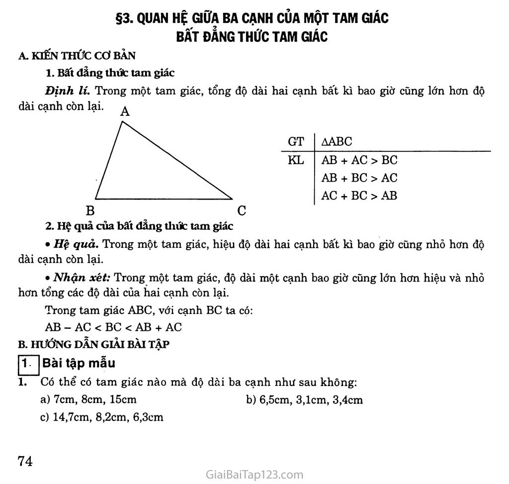 Bài 3. Quan hệ giữa ba cạnh của một tam giác. Bất đẳng thức tam giác trang 1