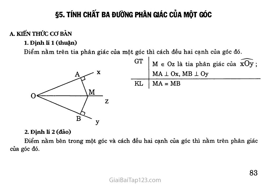 Bài 5. Tính chất ba đường phân giác của một góc trang 1