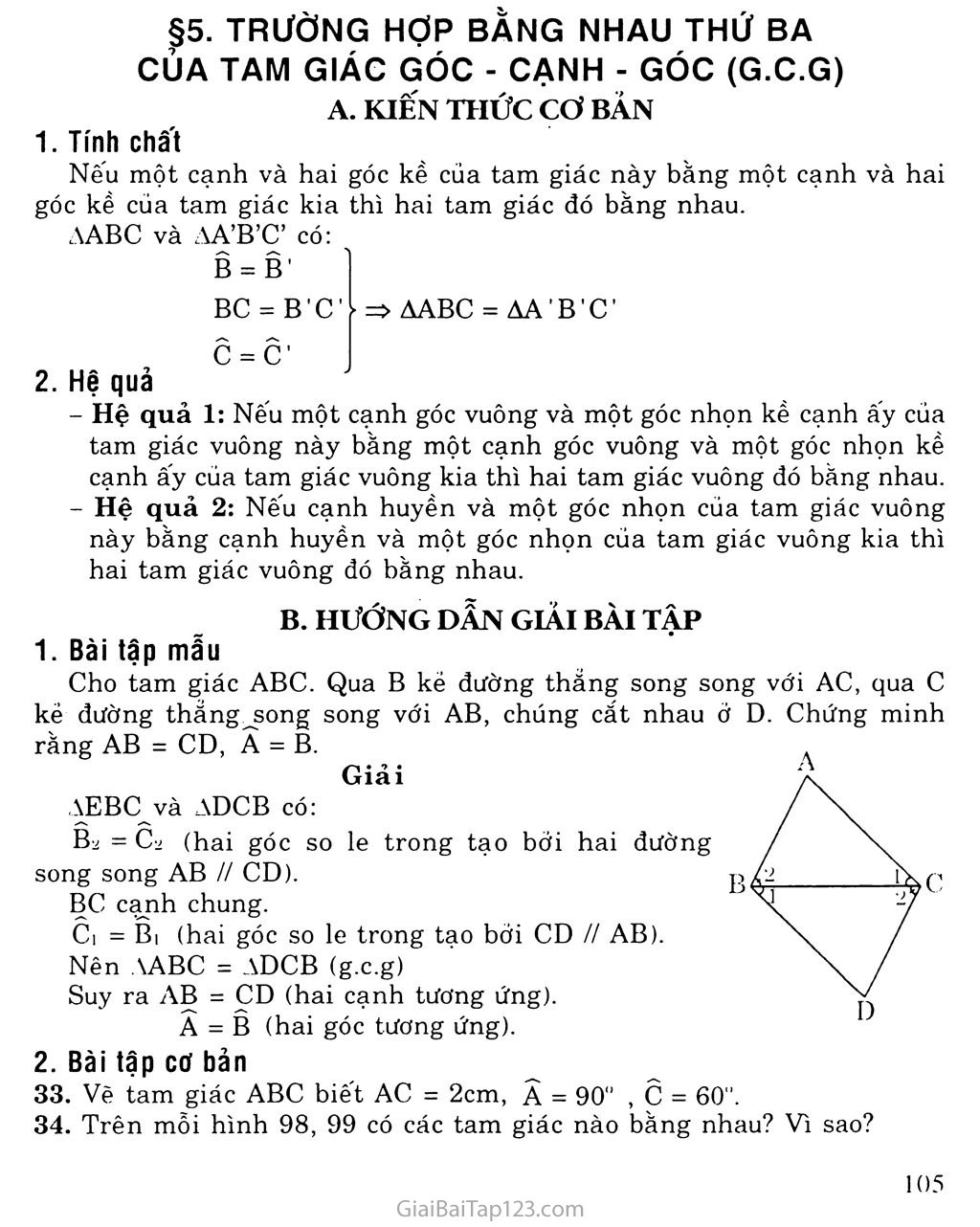 Bài 5. Trường hợp bằng nhau thứ ba của tam giác: góc - cạnh - góc (g. c. g) trang 1